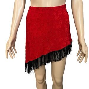 Y2K Textured Heart Print Fringe Mini Skirt Large Asymmetrical Red Black High Low